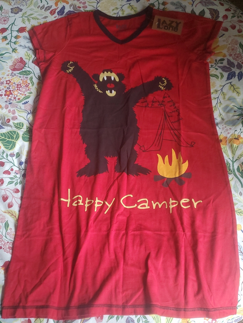 NWT Lazy One Red "Happy Camper" Nightshirt Nightgown S/M